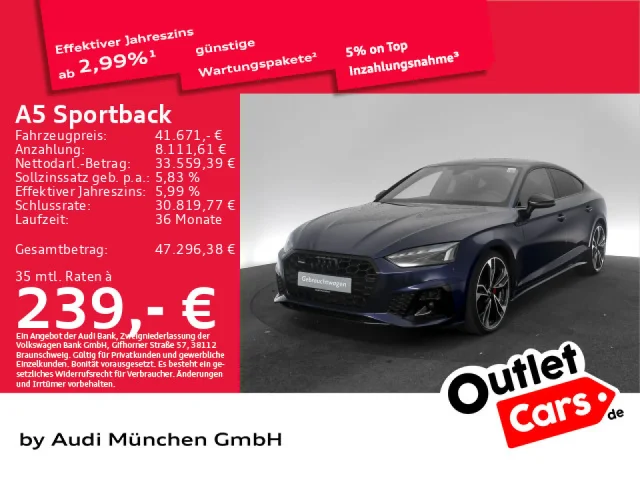 Audi A5 Sportback 40 TFSI Qu. S Tronic S Line HuD/Virtual/Navi+